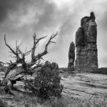 Rock formation towers with dead tree Moab